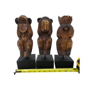 HD Wise Monkeys, 11” on Base Carved Wood Hear No Evil See No Evil Speak No Evil